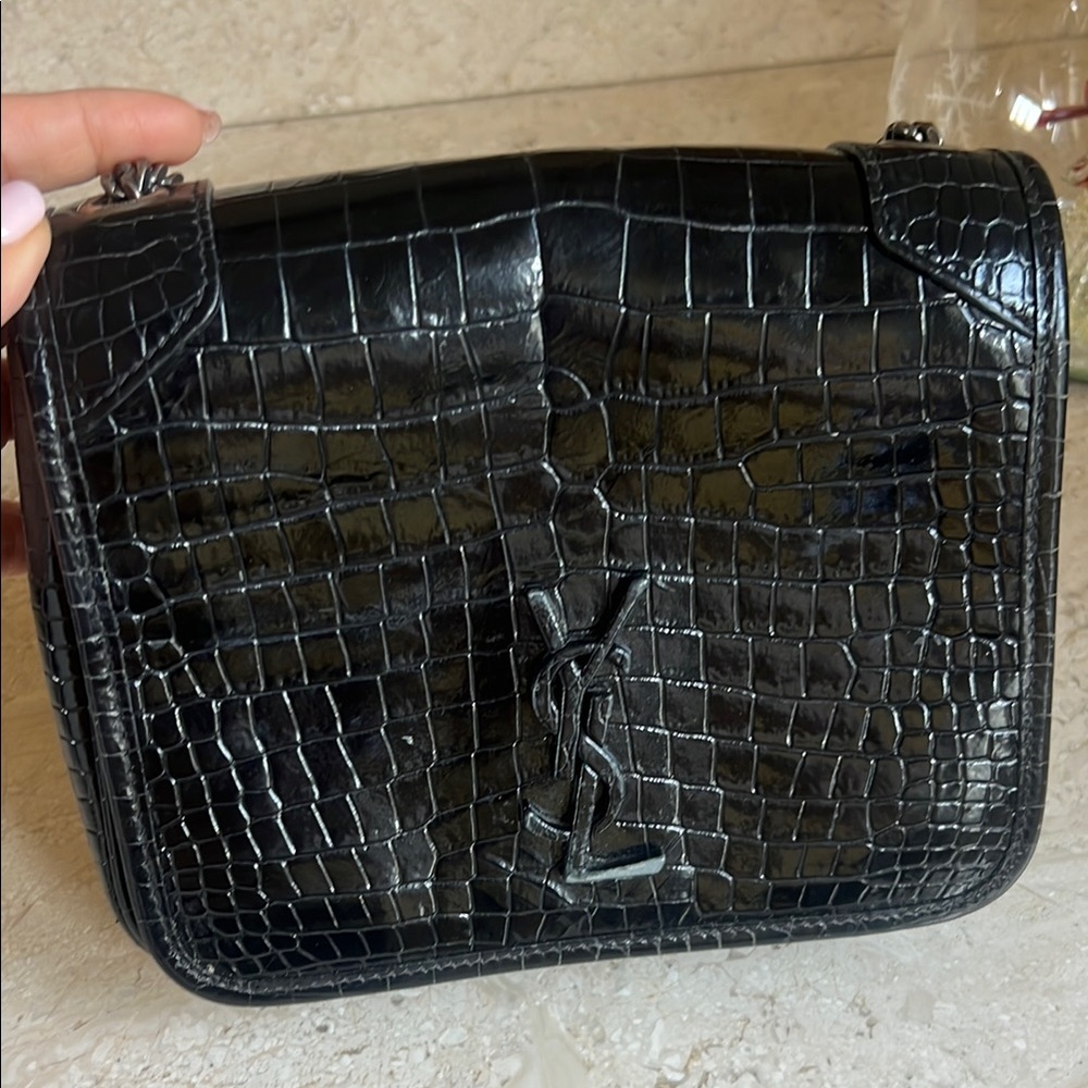 Saint Laurent Black Croc-Embossed Messenger Bag